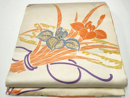 平和屋着物●アンティーク 大正ロマン 丸帯 草花文 金彩 正絹 逸品 CAAX7412hy