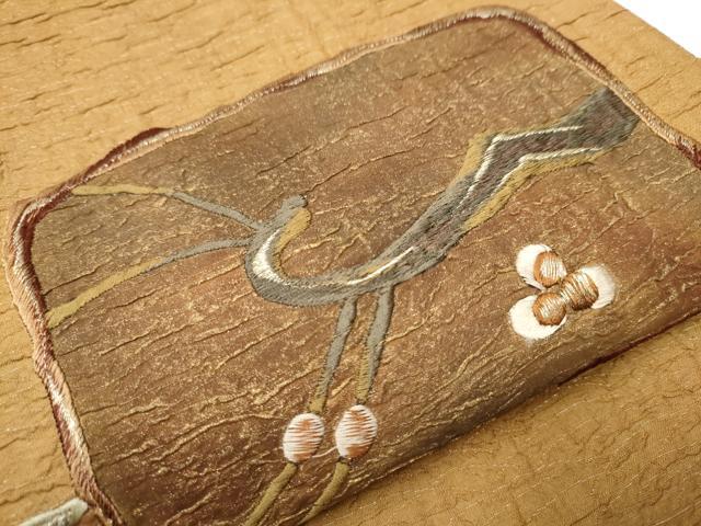 平和屋着物●太鼓柄袋帯 刺繍 ふくれ織 色紙重ね枝花文 金糸 正絹 逸品 CAAX7433hy