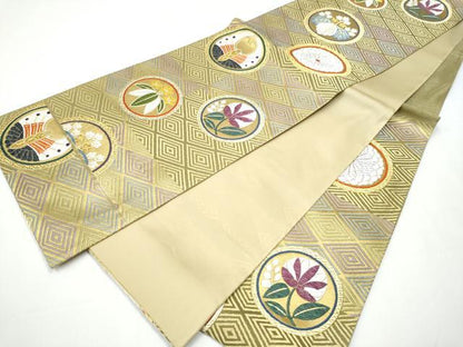 平和屋着物●六通柄袋帯 ももはた唐織 紅花染 草花丸文 正絹 逸品 CAAX7565hy