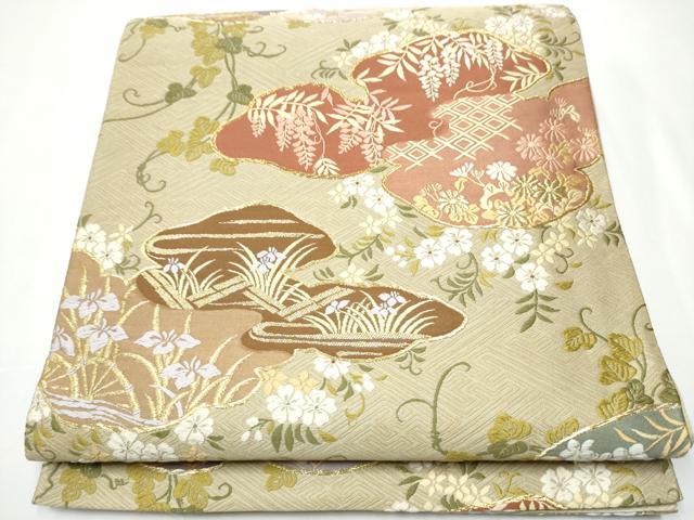 平和屋着物●六通柄袋帯 唐織 雲取り草花文 金糸 正絹 逸品 CAAX7600hy