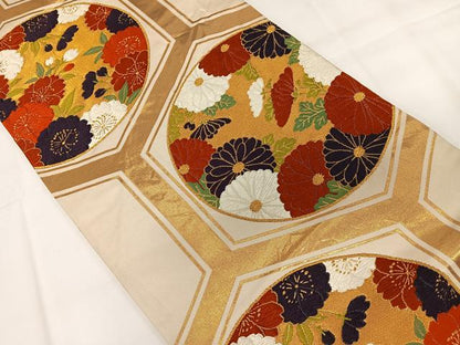 平和屋着物◎六通柄袋帯 唐織 亀甲花丸文 金糸 正絹 逸品 CAAX7971ua