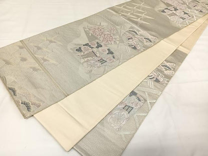 平和屋着物◎六通柄袋帯 籬花鳥文 銀糸 正絹 逸品 CAAX7986ua