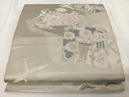 平和屋着物◎六通柄袋帯 籬花鳥文 銀糸 正絹 逸品 CAAX7986ua