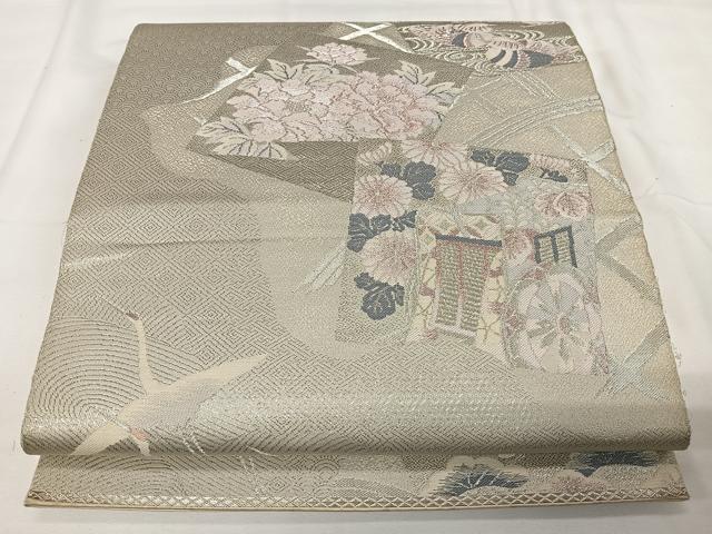 平和屋着物◎六通柄袋帯 籬花鳥文 銀糸 正絹 逸品 CAAX7986ua