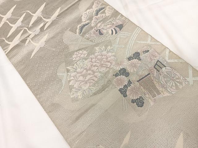 平和屋着物◎六通柄袋帯 籬花鳥文 銀糸 正絹 逸品 CAAX7986ua