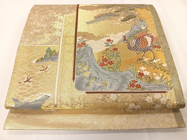 平和屋着物◎太鼓柄袋帯　唐織　孔雀風景文　金糸　正絹　逸品　CAAX7995ua