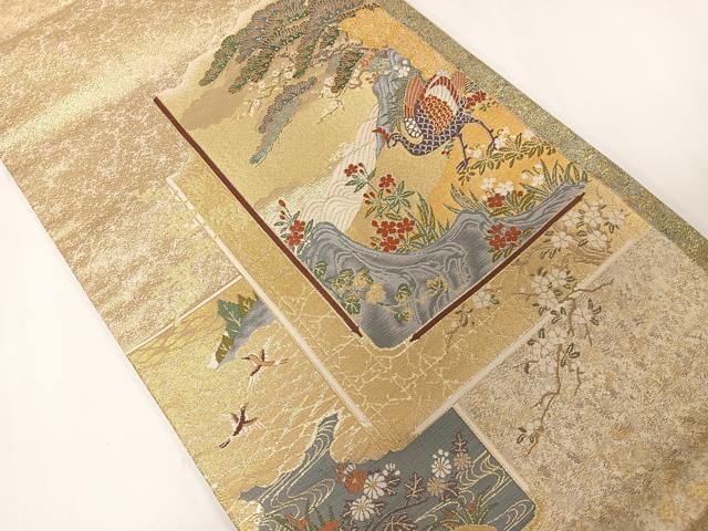 平和屋着物◎太鼓柄袋帯　唐織　孔雀風景文　金糸　正絹　逸品　CAAX7995ua