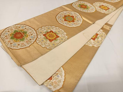 平和屋着物◎六通柄袋帯 唐織 花絵皿文 金糸 正絹 逸品 CAAX7999ua
