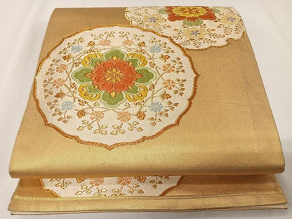 平和屋着物◎六通柄袋帯 唐織 花絵皿文 金糸 正絹 逸品 CAAX7999ua