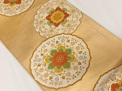 平和屋着物◎六通柄袋帯 唐織 花絵皿文 金糸 正絹 逸品 CAAX7999ua