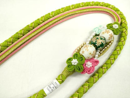 平和屋着物●和装小物 振袖用帯締め 飾り付き 飾り玉 つまみ細工 パール 花 黄緑色 金糸 撚り房 逸品 未使用 CAAX8313ju