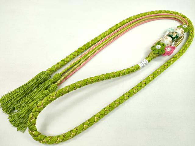 平和屋着物●和装小物 振袖用帯締め 飾り付き 飾り玉 つまみ細工 パール 花 黄緑色 金糸 撚り房 逸品 未使用 CAAX8313ju