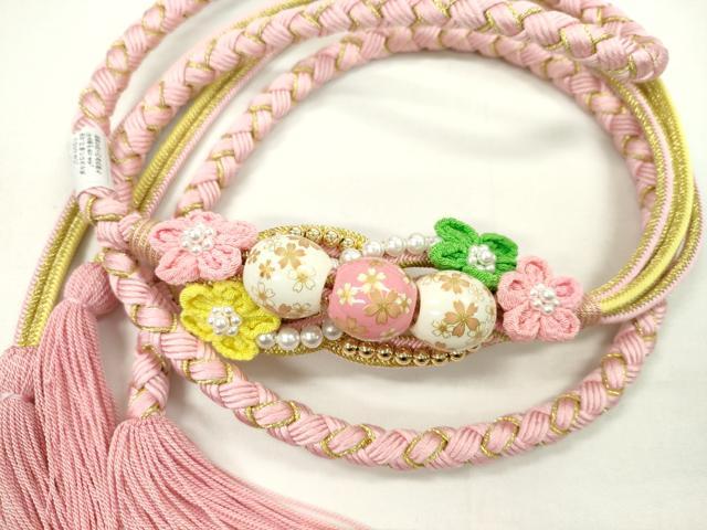 平和屋着物●和装小物 振袖用帯締め 飾り付き 飾り玉 つまみ細工 パール 花 鴇色 金糸 撚り房 逸品 未使用 CAAX8314ju
