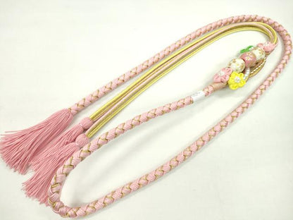 平和屋着物●和装小物 振袖用帯締め 飾り付き 飾り玉 つまみ細工 パール 花 鴇色 金糸 撚り房 逸品 未使用 CAAX8314ju