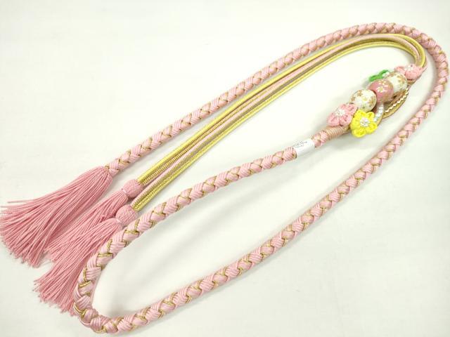 平和屋着物●和装小物 振袖用帯締め 飾り付き 飾り玉 つまみ細工 パール 花 鴇色 金糸 撚り房 逸品 未使用 CAAX8314ju