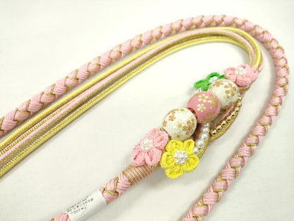 平和屋着物●和装小物 振袖用帯締め 飾り付き 飾り玉 つまみ細工 パール 花 鴇色 金糸 撚り房 逸品 未使用 CAAX8314ju