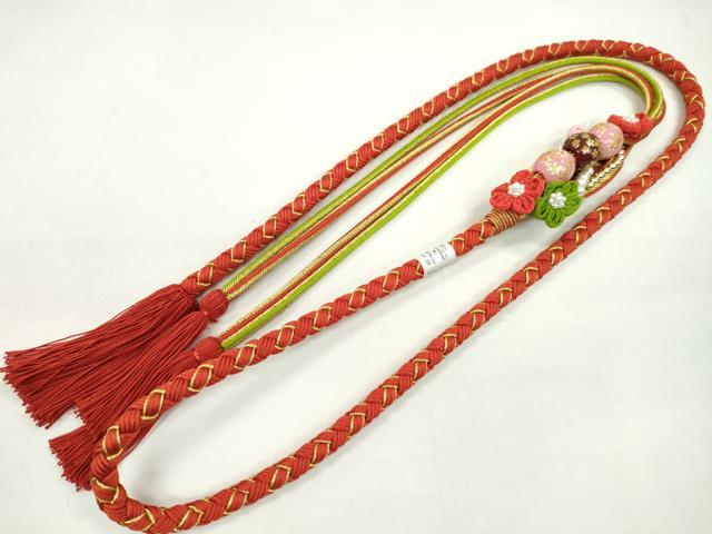 平和屋着物●和装小物　振袖用帯締め　飾り付き　飾り玉　つまみ細工　パール　花　緋色　金糸　撚り房　逸品　未使用　CAAX8315ju