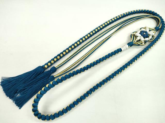 平和屋着物●和装小物 振袖用帯締め 飾り付き 縮緬花飾り パール 青藍色 金糸 撚り房 逸品 未使用 CAAX8323ju
