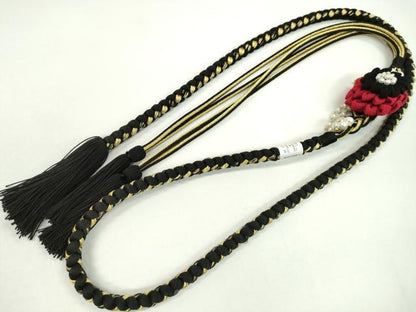 平和屋着物●和装小物　振袖用帯締め　飾り付き　つまみ細工　菊　パール　黒×紅　金糸　撚り房　逸品　未使用　CAAX8328ju