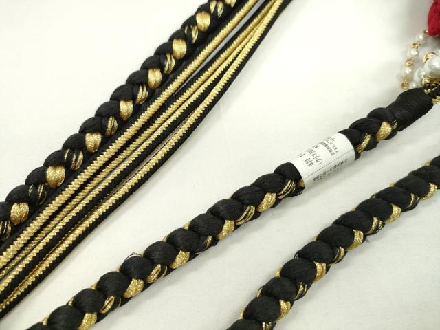 平和屋着物●和装小物　振袖用帯締め　飾り付き　つまみ細工　菊　パール　黒×紅　金糸　撚り房　逸品　未使用　CAAX8328ju