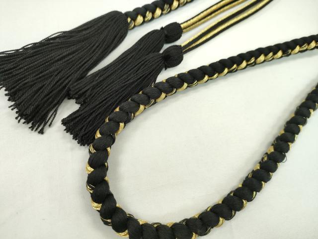 平和屋着物●和装小物　振袖用帯締め　飾り付き　つまみ細工　菊　パール　黒×紅　金糸　撚り房　逸品　未使用　CAAX8328ju