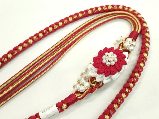 平和屋着物●和装小物　振袖用帯締め　飾り付き　つまみ細工　菊　パール　赤　金糸　撚り房　逸品　未使用　CAAX8329ju