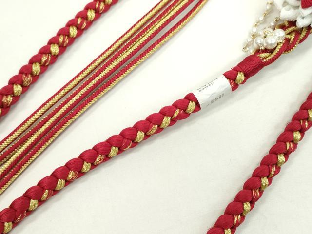 平和屋着物●和装小物　振袖用帯締め　飾り付き　つまみ細工　菊　パール　赤　金糸　撚り房　逸品　未使用　CAAX8329ju