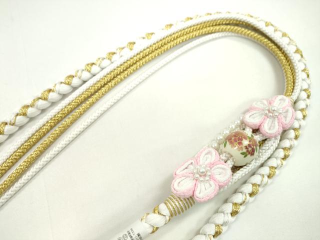 平和屋着物●和装小物 振袖用帯締め 飾り付き 飾り玉 つまみ細工 パール 花 白×薄ピンク 金糸 撚り房 逸品 未使用 CAAX8333ju