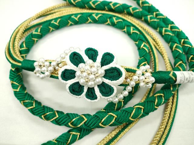 平和屋着物●和装小物 振袖用帯締め 飾り付き つまみ細工 パール 花 金糸 撚り房 逸品 未使用 CAAX8335ju
