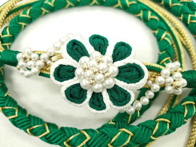 平和屋着物●和装小物 振袖用帯締め 飾り付き つまみ細工 パール 花 金糸 撚り房 逸品 未使用 CAAX8335ju