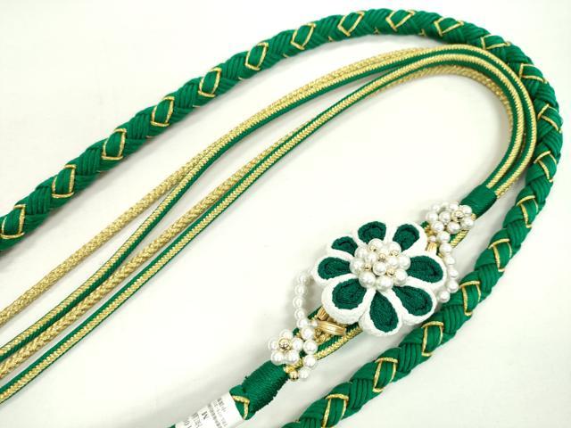 平和屋着物●和装小物 振袖用帯締め 飾り付き つまみ細工 パール 花 金糸 撚り房 逸品 未使用 CAAX8335ju