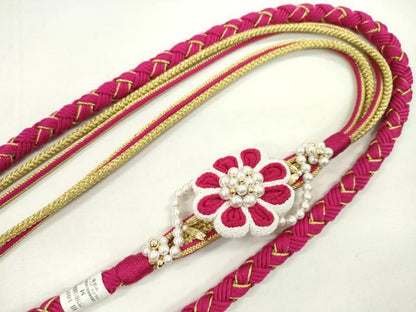 平和屋着物●和装小物　振袖用帯締め　飾り付き　つまみ細工　パール　花　金糸　撚り房　逸品　未使用　CAAX8337ju