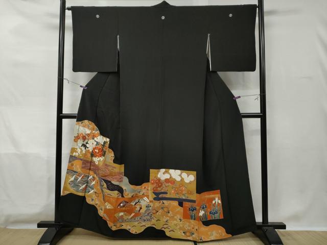 平和屋着物■豪華黒留袖　駒刺繍　松竹梅飛鶴花籠文　金彩　正絹　逸品　CAAX8494dy