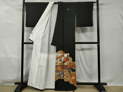 平和屋着物■豪華黒留袖　駒刺繍　松竹梅飛鶴花籠文　金彩　正絹　逸品　CAAX8494dy