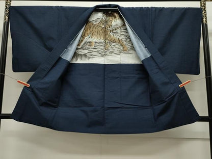 平和屋着物●男性 紬 アンサンブル 濃紺地 正絹 逸品 CAAX8539dy