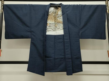 平和屋着物●男性 紬 アンサンブル 濃紺地 正絹 逸品 CAAX8539dy