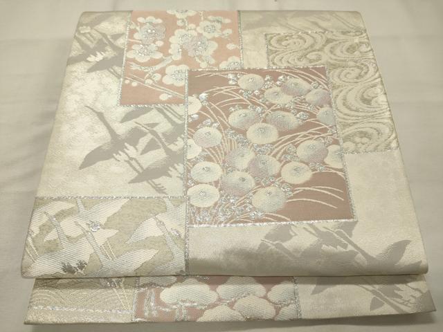 平和屋着物◎六通柄袋帯 色紙重ね飛鶴花文 ラメ糸 正絹 逸品 CAAX9168oy