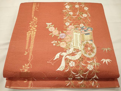 平和屋着物◎六通柄袋帯 駒刺繍 御所車花文 藤花房 金糸 正絹 逸品 CAAX9171oy
