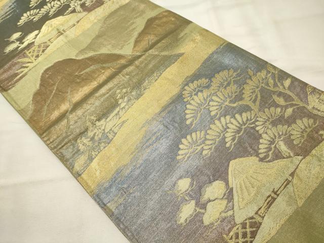 平和屋着物◎六通柄袋帯　遠山風景松文　金糸　正絹　逸品　CAAX9184oy