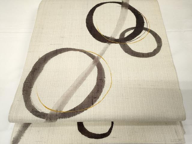 平和屋着物▽スリーシーズン 春夏秋 太鼓柄袋帯 手描き 紬地 丸文 反端付き 正絹 逸品 CAAX9221yk