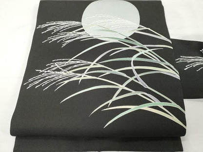 平和屋着物●塩瀬　九寸名古屋帯　友禅　作家物　満月　枝笹文　黒地　正絹　逸品　未使用　CAAX9231yk