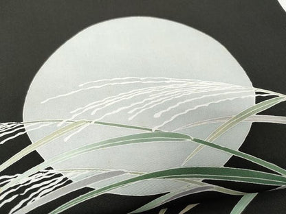 平和屋着物●塩瀬　九寸名古屋帯　友禅　作家物　満月　枝笹文　黒地　正絹　逸品　未使用　CAAX9231yk