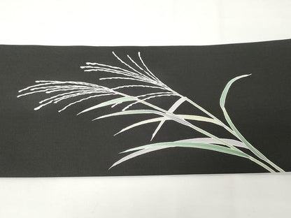 平和屋着物●塩瀬　九寸名古屋帯　友禅　作家物　満月　枝笹文　黒地　正絹　逸品　未使用　CAAX9231yk