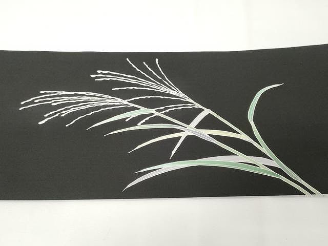 平和屋着物●塩瀬　九寸名古屋帯　友禅　作家物　満月　枝笹文　黒地　正絹　逸品　未使用　CAAX9231yk