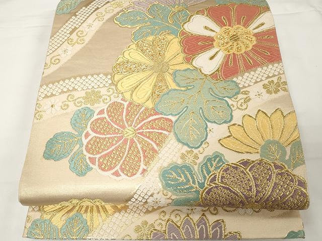 平和屋着物●六通柄袋帯 唐織 立枠菊図文 金糸 正絹 逸品 CAAX9244yk