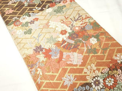 平和屋着物●佐賀錦 六通柄袋帯 唐織 花東唐花文 金糸 正絹 逸品 CAAX9245yk