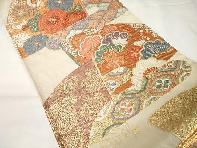 平和屋着物●六通柄袋帯　唐織　扇面花文　金糸　正絹　逸品　CAAX9247yk