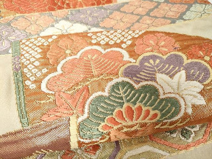 平和屋着物●六通柄袋帯　唐織　扇面花文　金糸　正絹　逸品　CAAX9247yk