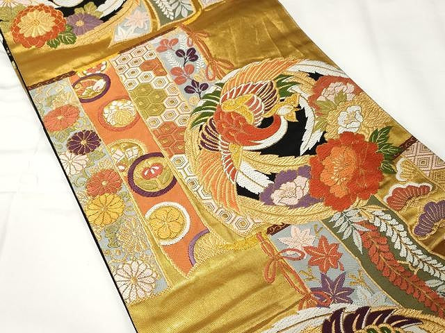 平和屋着物●六通柄袋帯　内裏乃四季紋　黒地　金糸　正絹　逸品　CAAX9248yk