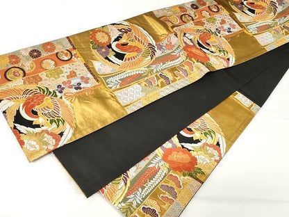 平和屋着物●六通柄袋帯　内裏乃四季紋　黒地　金糸　正絹　逸品　CAAX9248yk